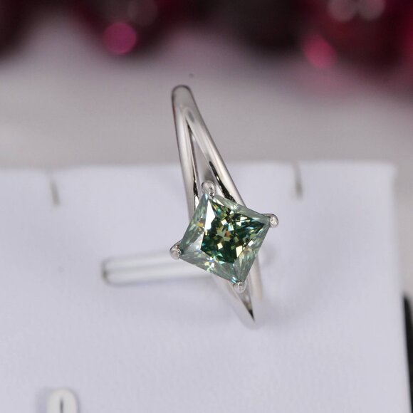 1.2ct Moissanite Princess Cut Blue Green Engagement Ring - Picture 7 of 7